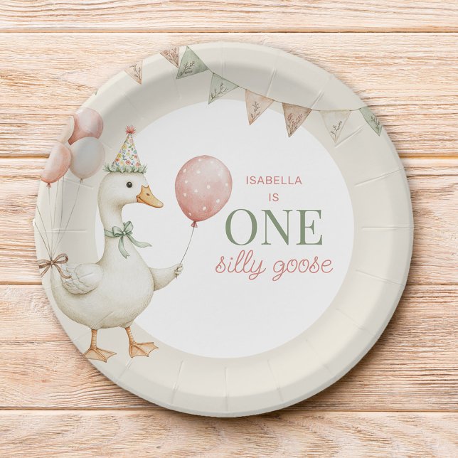 Charming Pink One Silly Goose 1st Birthday Party Paper Plate (Creator Uploaded)