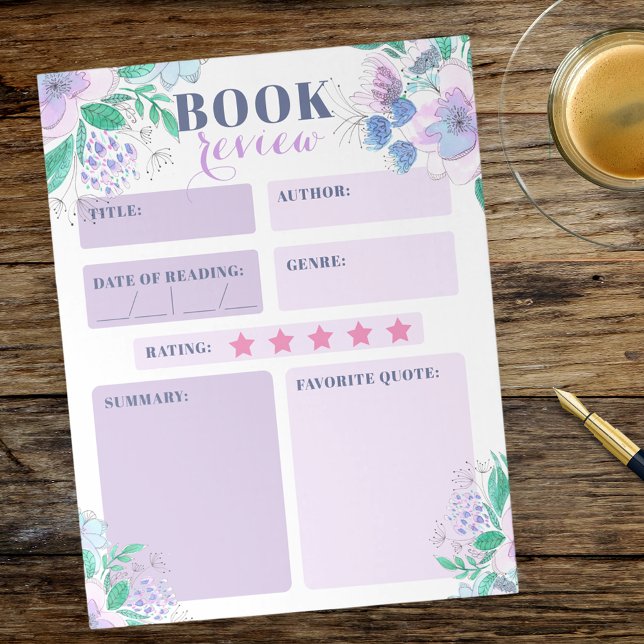 Charming Pink Purple Watercolor Floral Book Review Notepad (Creator Uploaded)