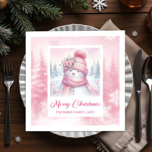 Charming Pink Snowman Kids Cozy Winter Scene Xmas Napkin