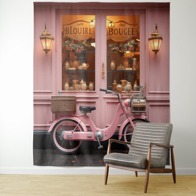 Charming Pink Storefront with Vintage Moped Tapestry (In Situ)