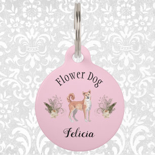 Charming Pink Wedding Flower Dog Shibu Inu Pet Tag
