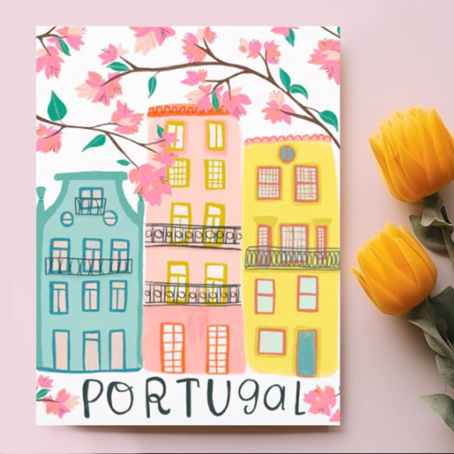 Charming Portugal houses Handmade Artwork Custom Postcard (Sweet custom art of houses in Porto Portugal with pink flowers. Add your own text)