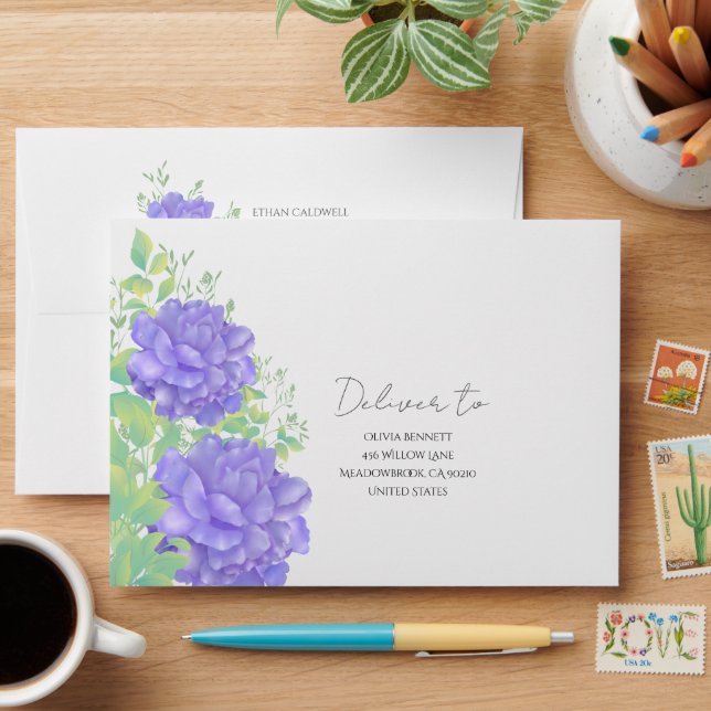 Charming Purple Watercolor Floral Envelope (Desk)