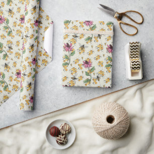 Charming Queen Bee, Honeycomb & Exotic Flowers Wrapping Paper
