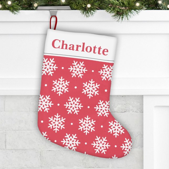 Charming Red and White Snowflake Name Monogram Small Christmas Stocking (Creator Uploaded)