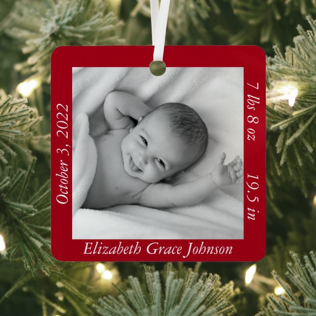 Charming Red Baby’s First Photo, Name, & Stats Metal Tree Decoration (Insitu)