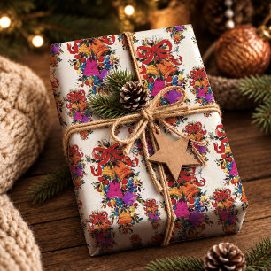 Charming Red Beige Vintage Christmas Bow Wrapping Paper