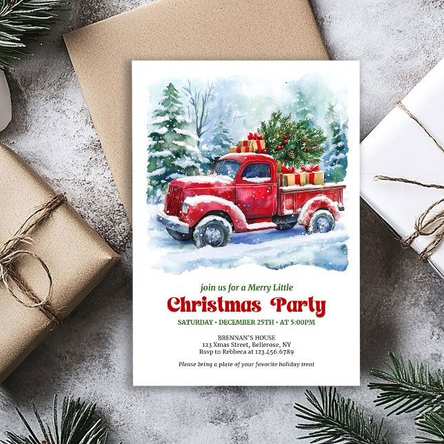 Charming red truck Christmas scene rustic invites (Classic Christmas party invitation,
modern Traditional red truck car,
watercolor cozy Christmas scen)