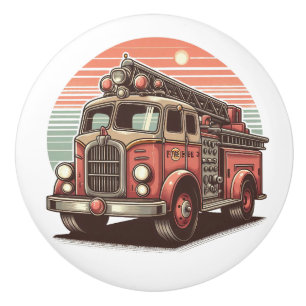 Charming Retro Vintage Fire Truck at Sunset Ceramic Knob