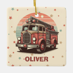 Charming Retro Vintage Fire Truck at Sunset Ceramic Ornament