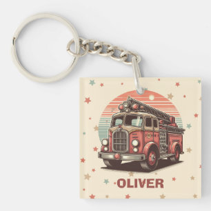 Charming Retro Vintage Fire Truck at Sunset Key Ring