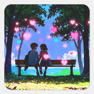 Charming Romantic Cartoon Characters Square Sticker