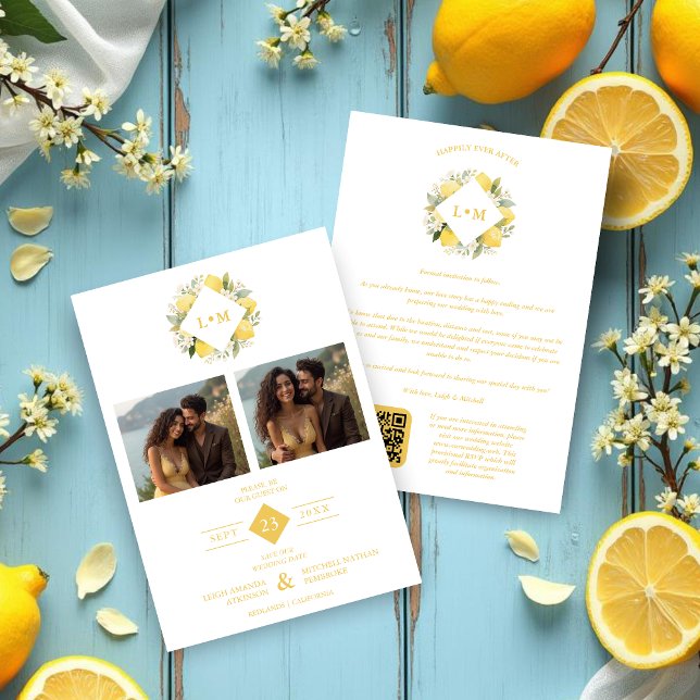 Charming Romantic Cluster Lemons Initials 2-Photos Save The Date (Charming Romantic Lemon Clusters with Initials and Two Photos Wedding Save the Date Cards.)