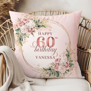 Charming Rose Gold Eucalyptus Floral 60th birthday Cushion