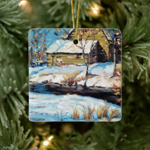 Charming Rural Winter Cabin Ceramic Ornament