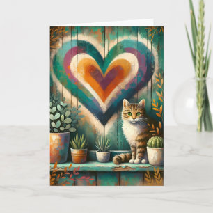 Charming Rustic Cat Heart Teal, Amber & Cream  Card