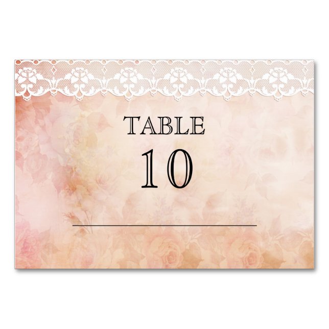 Charming Rustic Vintage Roses & Lace Wedding Table Number (Front)