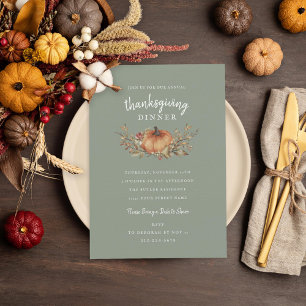 Charming Sage Autumn Pumpkin Thanksgiving Dinner Invitation