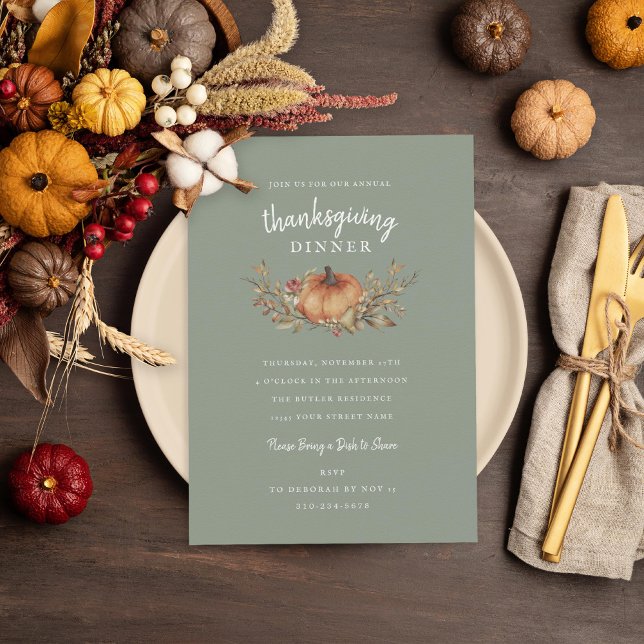 Charming Sage Autumn Pumpkin Thanksgiving Dinner Invitation (Creator Uploaded)