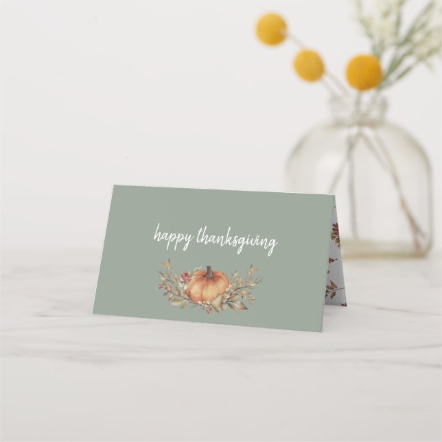 Charming Sage Autumn Pumpkin Thanksgiving Dinner Place Card (Front)