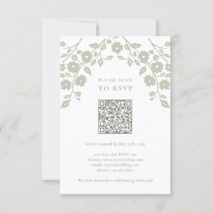 Charming Sage Green Folk Flowers QR Code RSVP Card