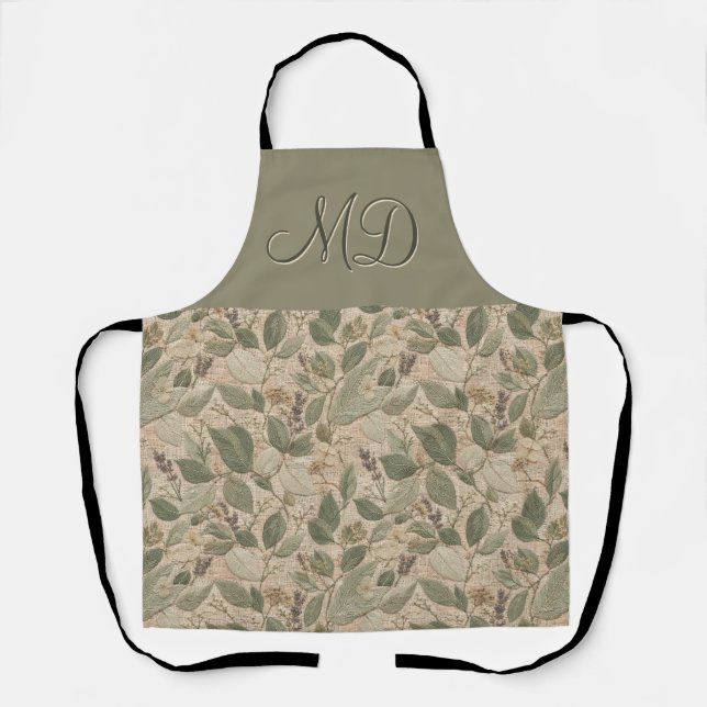 Charming Sage Vintage Floral Pattern Apron (Front)