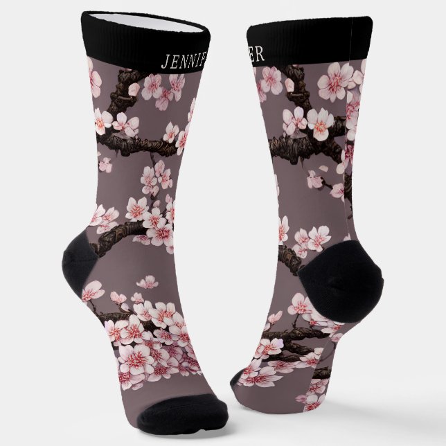 Charming Sakura Art and Custom Name Socks (Angled)