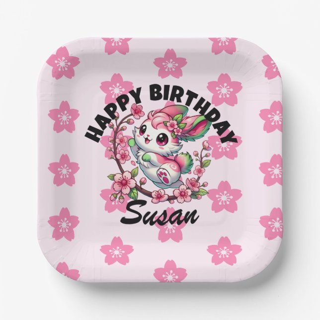Charming Sakura Bunny Birthday Paper Plate (Front)