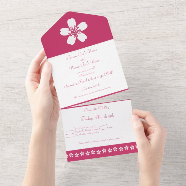 Charming Sakura in Raspberry All In One Invitation (Tearaway)