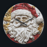 Charming Santa sculpture embodies Christmas Large Clock<br><div class="desc">This intricate sculpture captures the essence of Christmas with a beautifully carved Santa Claus. His joyful expression,  adorned with a classic red hat,  is embellished with golden accents and festive holly leaves.</div>