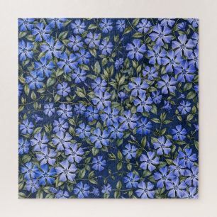 Charming Scattered Periwinkle Flowers Deep Blue Jigsaw Puzzle