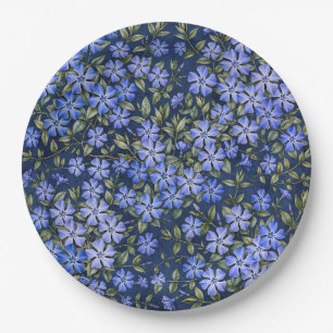 Charming Scattered Periwinkle Flowers Deep Blue Paper Plate
