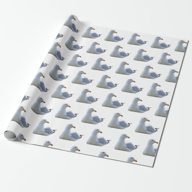 Charming Seagull at Rest – Coastal Bird Art White Wrapping Paper (Unrolled)