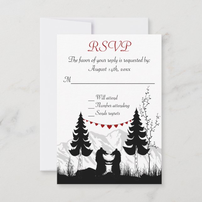 Charming Silhouette Mountain Bears Wedding RSVP (Front)