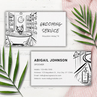 Charming Sketch Dog in a Spa Setting Pet Grooming Business Card