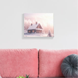 Charming Snow-Covered Wooden Cabin in a Forest Canvas Print