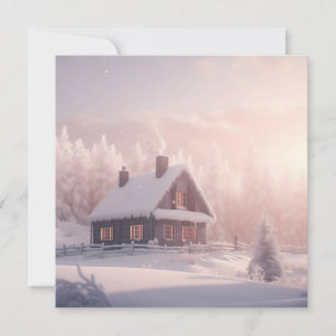 Charming Snow-Covered Wooden Cabin in a Forest Holiday Card