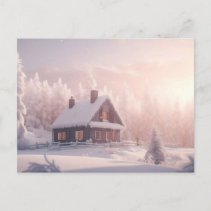 Charming Snow-Covered Wooden Cabin in a Forest Postcard