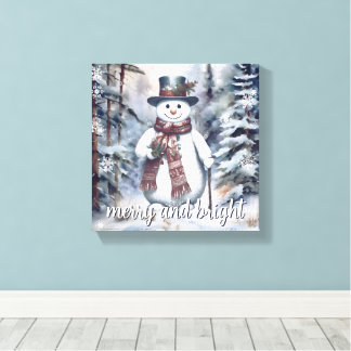 Charming Snowman Watercolor Winter Forest Canvas Print