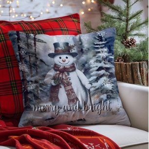 Charming Snowman Watercolor Winter Forest Cushion
