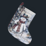 Charming Snowman Watercolor Winter Forest Custom Large Christmas Stocking<br><div class="desc">Celebrate the season with this personalised Charming Snowman Watercolor Winter Forest Christmas Stocking. Featuring a charming snowman in a classic top hat and scarf, holding a walking cane and set against a serene watercolor winter forest, the design is accented by elegant “Merry and Bright” script and modern typography showcasing the...</div>