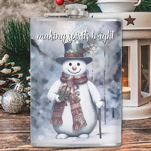 Charming Snowman Watercolor Winter Forest Hip Flask