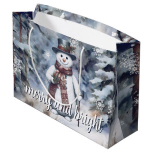 Charming Snowman Watercolor Winter Forest Large Gift Bag