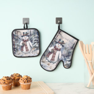 Charming Snowman Watercolor Winter Forest Oven Mitt & Pot Holder Set