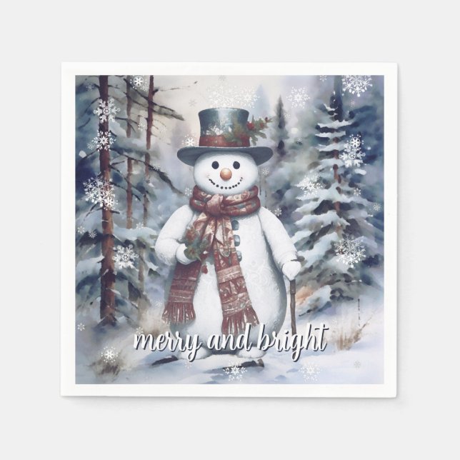 Charming Snowman Watercolor Winter Forest Party Napkin (Front)