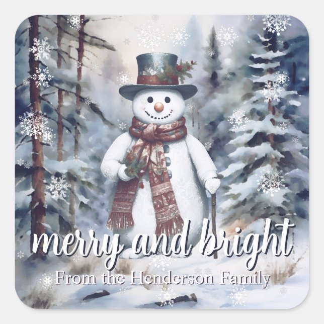 Charming Snowman Watercolor Winter Forest Square Sticker (Front)