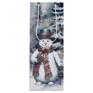 Charming Snowman Watercolor Winter Forest Wine Gift Bag