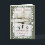 Charming snowmen serene winter landscape card<br><div class="desc">Embrace the magic of the season with this charming Christmas card, featuring a delightful trio of snowmen set against a serene winter landscape. The elegant "Season's Greetings" script beautifully complements the festive pine and berry border, creating a warm and inviting design. Perfect for spreading holiday cheer, this card captures the...</div>