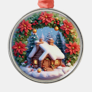 Charming Snowy Cabin Adorned With Holiday Wreath Metal Tree Decoration