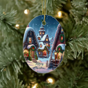 Charming snowy Christmas village custom  Ceramic Tree Decoration